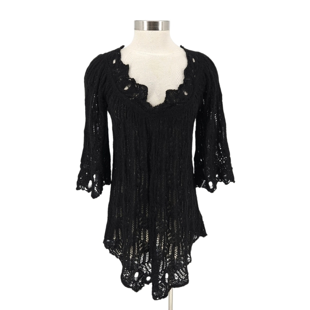 L.A.M.B. Crochet Sweater Silk Black Bell 3/4 Sleeve V Neck Open Knit Pullover 8